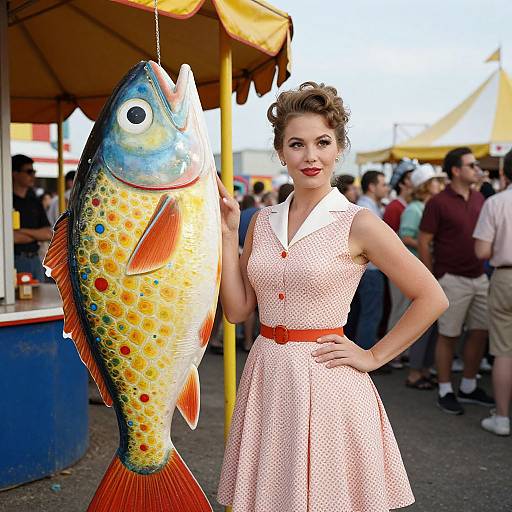 Vintage-style photograph of a smiling woman in a pink polka dot dress holding a colorful, oversized fish at an outdoor market.