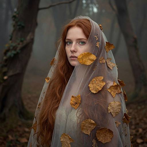 Photograph of a fair-skinned, red-haired woman with blue eyes, wrapped in a translucent veil adorned with autumn leaves, standing in a foggy