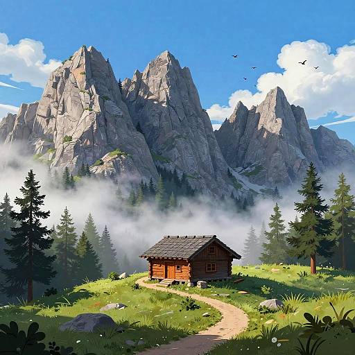 Foggy Mountain Cabin Landscape