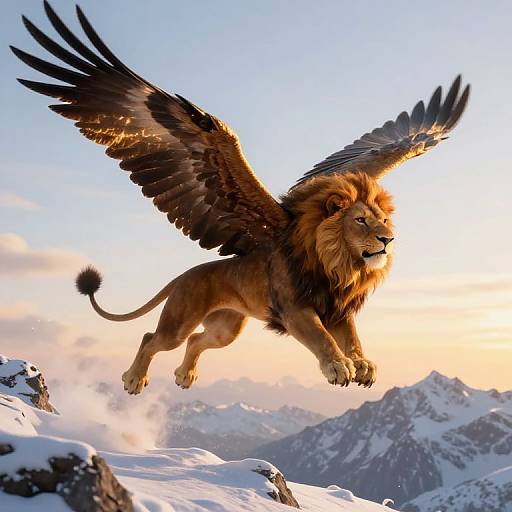 Digital artwork of a majestic, winged lion mid-flight over snowy mountains at sunset, with detailed feathers and a regal mane.