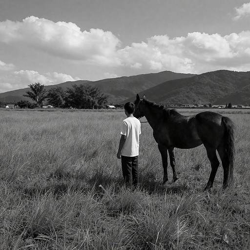 Black-and-White Rural Horse and Figure