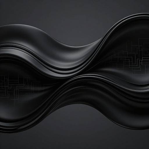 Digital abstract artwork featuring smooth, wavy, black liquid-like forms with subtle geometric patterns on a dark blue gradient background.