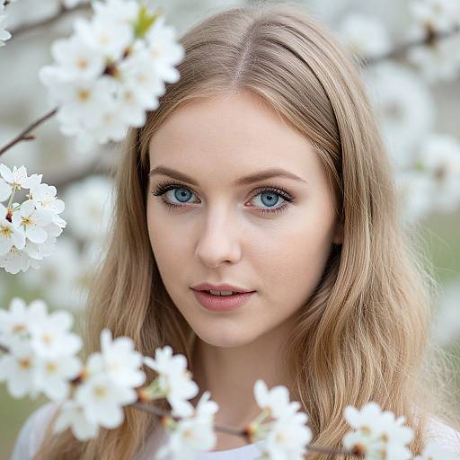 Close-up photograph of a young woman with blue eyes, light brown hair, and fair skin, surrounded by blurred white cherry blossoms.
