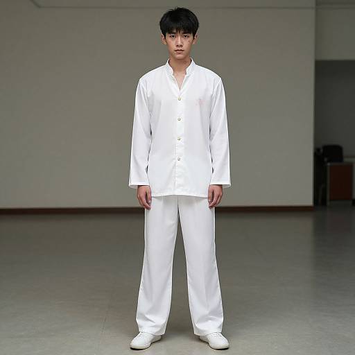 Photograph of a young Asian man with short black hair, wearing a white button-up shirt and pants, standing in a minimalist, empty room.