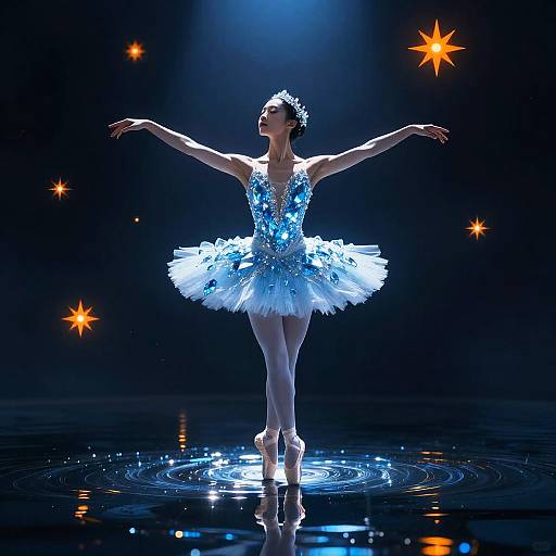 Photograph of a ballerina in a sparkling blue and white tutu, standing en pointe on a reflective black stage, with arms outst