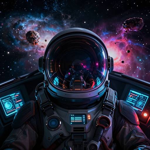 Digital art of an astronaut in a shiny helmet, surrounded by colorful, star-filled space, with control panels glowing blue and red.