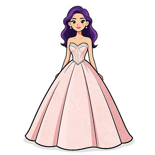 Digital illustration of a fair-skinned woman with purple hair wearing a strapless, pale pink ball gown, standing against a white background.