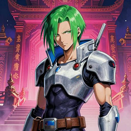 Digital anime-style drawing of a green-haired, muscular man in silver armor with red and blue gems, standing in front of a neon pink, ornate