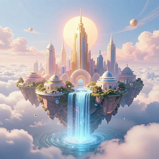 Digital fantasy artwork: Floating, futuristic city with towering spires, radiant sun, waterfall, lush greenery, and clouds below, surrounded by celestial bodies