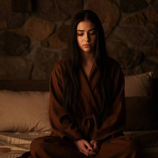 Pensive Woman in Brown Robe in Rustic Room