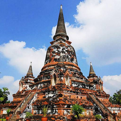 Photograph of an ancient, weathered Buddhist stupa with three-tiered, conical roofs, set against a bright blue sky with fluffy white clouds