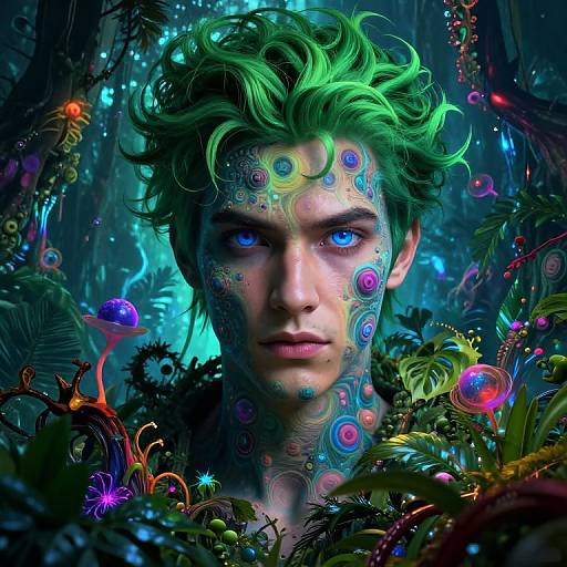 Digital art of a green-haired, blue-eyed man with neon tribal face paint, surrounded by vibrant, glowing forest flora and fungi.