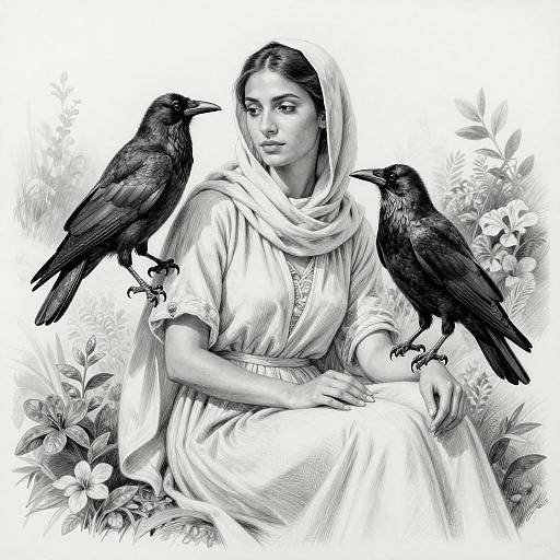 Serene Woman with Crows in Nature