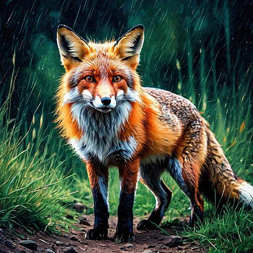 Impressionist Style Red Fox in Rain