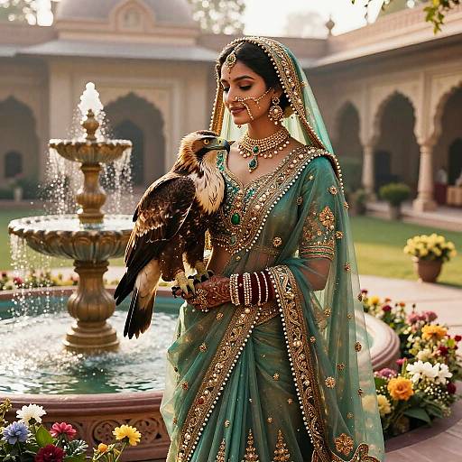 Mughal Princess in Brocade Sari Holding Majestic Raptor