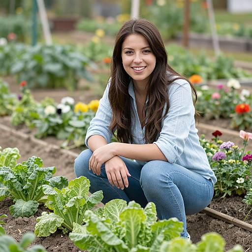 Photograph of a smiling young woman with long dark hair, wearing a light blue shirt and jeans, crouching in a vibrant vegetable garden with colorful
