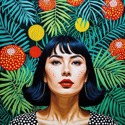 Pop Art Portrait of European Woman with Tropical Background