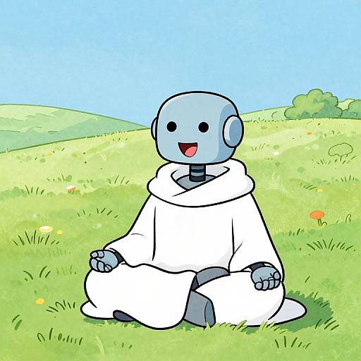 Colorful digital drawing of a blue robot with black eyes and a smiling mouth, wearing a white robe, sitting cross-legged in a bright green meadow