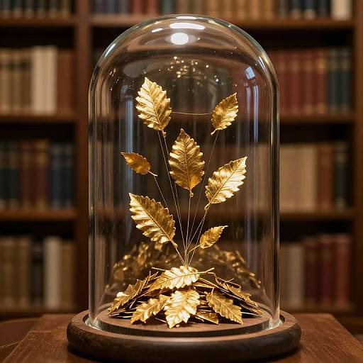 Photograph of a glass dome housing illuminated golden oak leaves, centered on a wooden table, with a blurred library background.