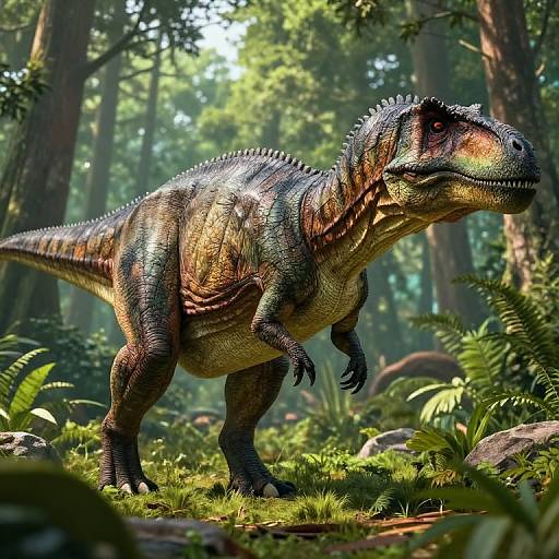 Photorealistic CGI of a detailed, colorful, green and brown dinosaur with spiked back, standing in a lush, sunlit forest.