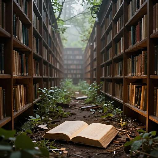 Photograph of an abandoned library aisle, with tall wooden bookshelves on both sides, overgrown with greenery, and an open book on the