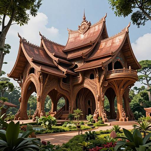 Photograph of an intricately designed, red-roofed, wooden pagoda with ornate arches, surrounded by lush greenery and vibrant flowers