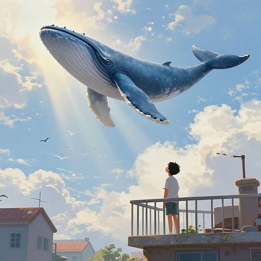 Surreal Boy and Flying Blue Whale