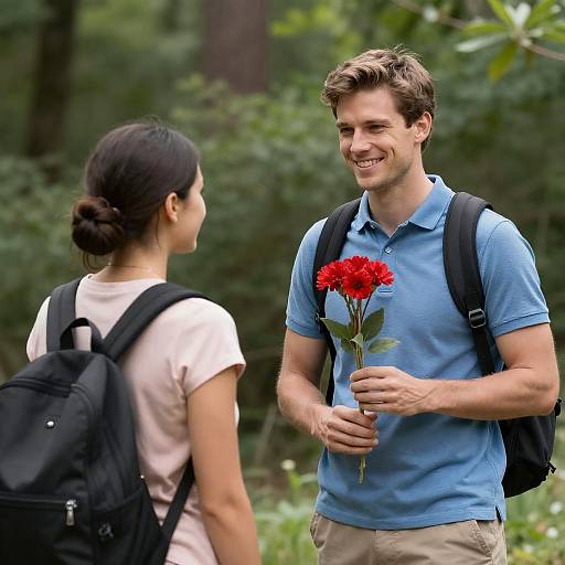Young Man Giving Flowers to Woman Outdoors