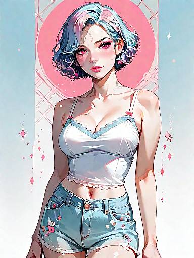Stylish Young Woman in Vintage-Inspired Silk Camisole and Denim Shorts