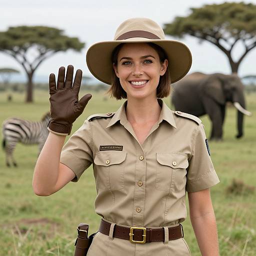 Photograph of a smiling female park ranger with short brown hair, tan uniform, brown gloves, hat, and belt, waving in a grassy sav