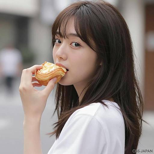 Asian Woman Eating Pastry Outdoors