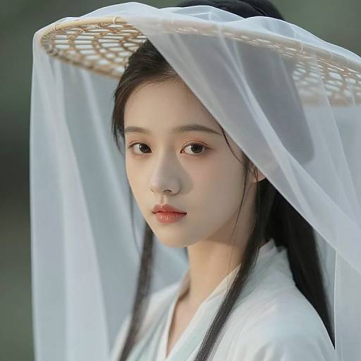 Digital portrait of an East Asian woman with pale skin, black hair, red lips, wearing a white veil and hat, in soft natural light.
