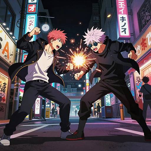 Digital anime-style drawing of two spiky-haired, street-fighting males in a neon-lit, bustling Japanese city street at night, exchanging fiery punches