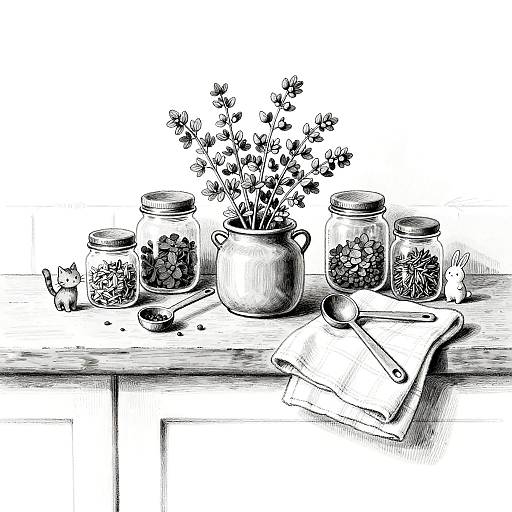 Whimsical Black-and-White Kitchen Still Life