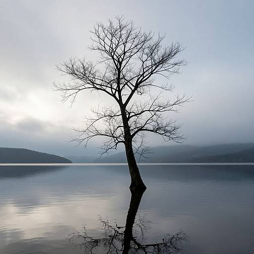 Silhouetted leafless tree reflected in calm, misty lake under a pale blue sky, with distant fog-covered hills in the background.