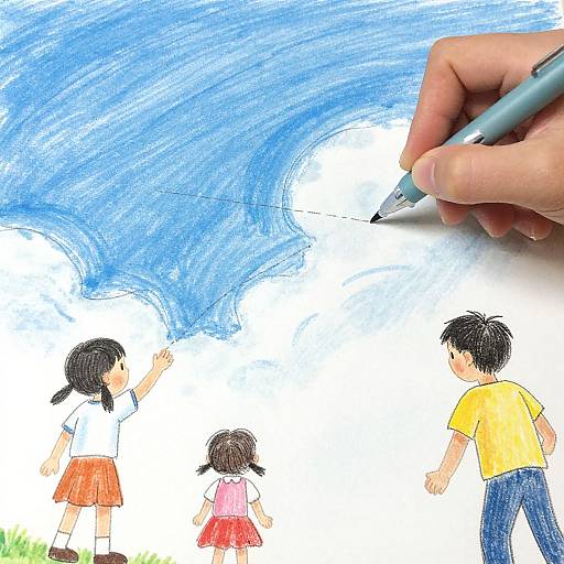 Hand holding blue pen drawing over colorful children's crayon sketch, featuring three kids in orange, pink, and yellow clothes.