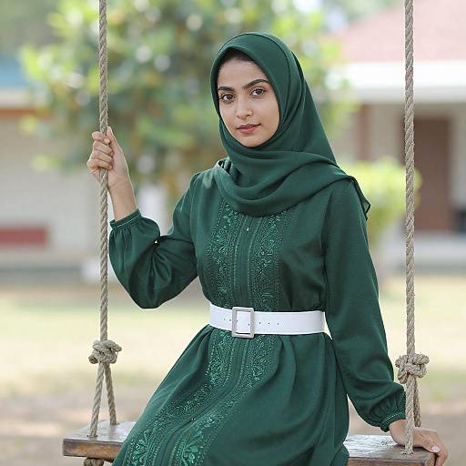 Young Woman in Green Hijab on Swing