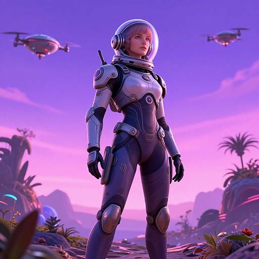 CGI image of a futuristic female astronaut in a sleek black and silver suit with a transparent helmet, standing confidently in a vibrant, purple-pink sunset