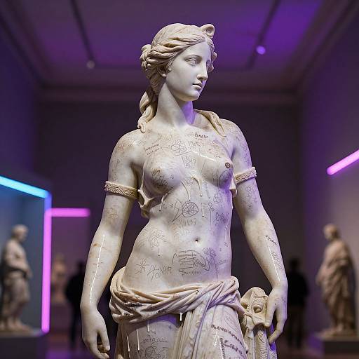 Photograph of a white marble statue of a topless, tattooed, ancient Greek-style woman with a draped cloth, in an art gallery with purple