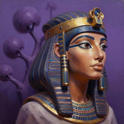 Digital painting of an Egyptian queen with dark blue and gold striped headdress, detailed eye makeup, and ornate jewelry, set against a purple background with
