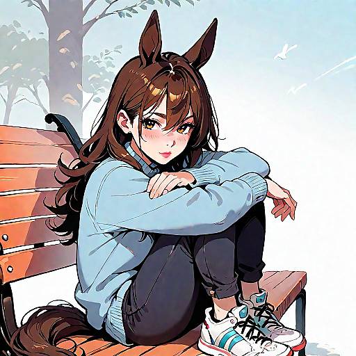 Digital anime-style drawing of a brown-haired girl with horse ears and tail, sitting on a wooden bench in a park, wearing a light blue sweater,