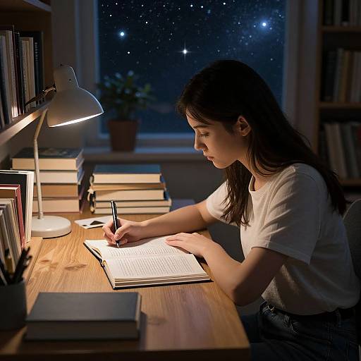 Photograph of a young woman with long brown hair, wearing a white t-shirt, writing in a notebook under a desk lamp, surrounded by books,
