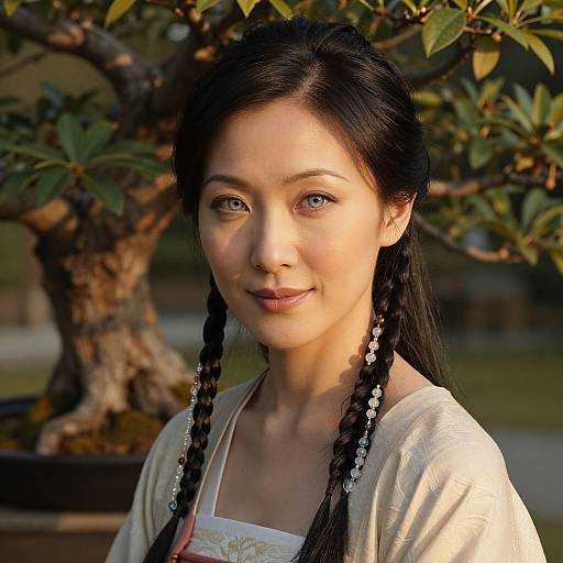 Photograph of an Asian woman with long black braids, wearing a white floral top, standing in front of a bonsai tree. Soft sunlight highlights
