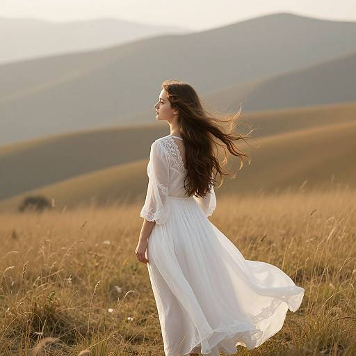 Photograph of a woman with long brown hair in a flowing white lace dress, standing in a golden grassy field with rolling hills in the background,
