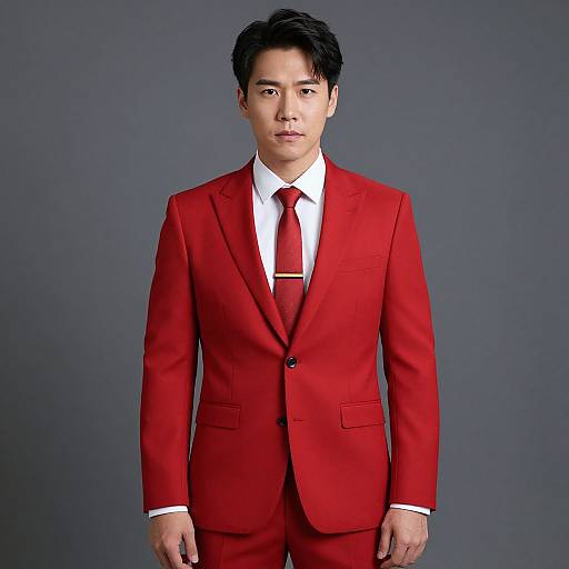 Photograph of a serious-looking Asian man in a sharp, bright red suit with a white shirt and matching red tie, standing against a plain dark gray