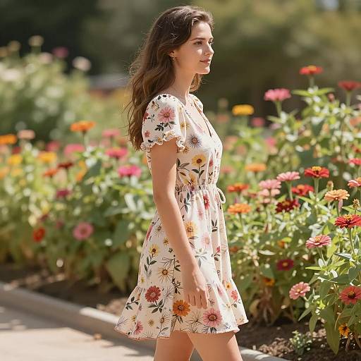 Young Woman in Floral Dress in Flower Garden