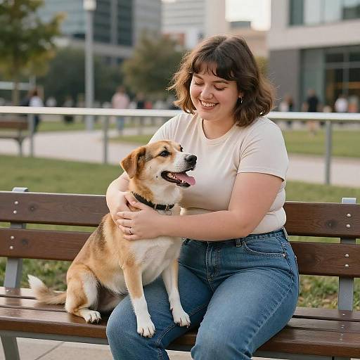 Young Woman Hugging Dog on Park Bench