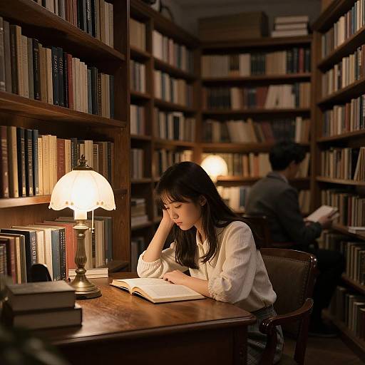 Photograph of an Asian woman with long black hair, white blouse, reading in a dimly lit library, warm lamp glow, bookshelves in