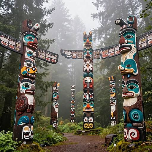 Photograph of vibrant Native American totem poles in a misty, forested area, featuring colorful, detailed carvings of various animals and human