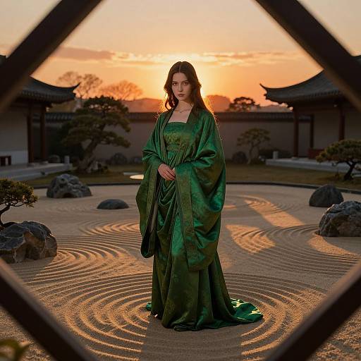 Photograph of a woman in a green traditional kimono standing in a serene Japanese garden at sunset, viewed through a frame.